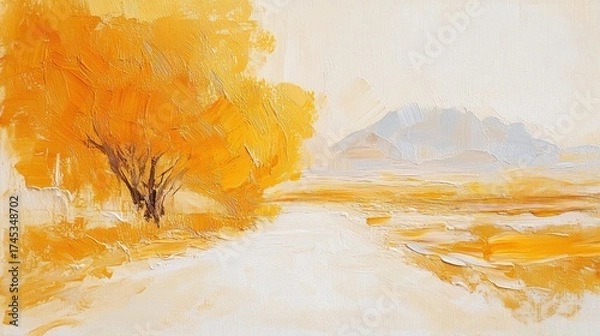 Fototapeta Autumn landscape, painted road, orange trees, soft mountains.  Possible use Stock photo for nature, autumn, or art theme