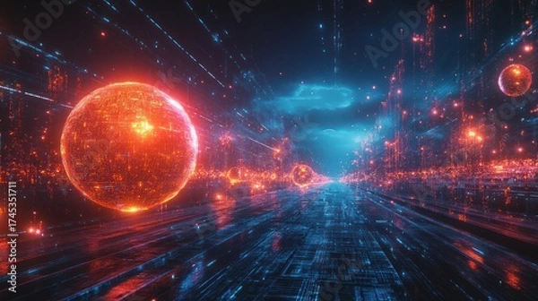 Fototapeta Futuristic digital highway with glowing spheres