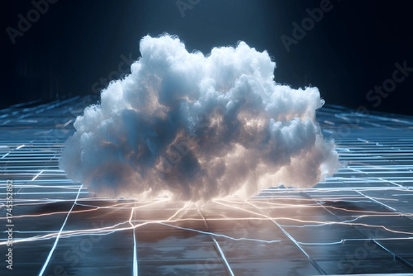 Fototapeta glowing fluffy cloud glitching in purple and cyan, surreal cyberpunk vibe