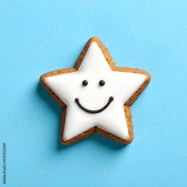 Obraz Smiling Star-Shaped Cookie with White Icing on Blue Background