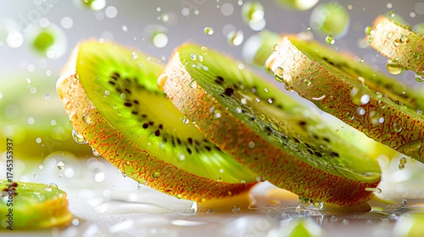 Fototapeta Fresh green kiwi slice with water drops, close-up macro shot showing juicy texture and freshness – 4K image