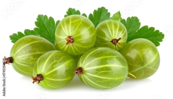 Obraz A cluster of green gooseberries with leaves, on a white background