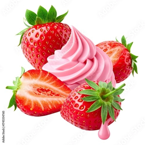 Obraz A cluster of ripe strawberries with a swirl of pink, creamy dessert