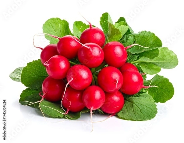 Obraz A cluster of vibrant red radishes with green leafy tops
