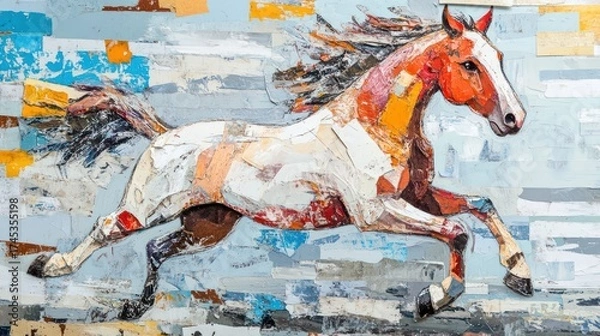 Fototapeta Abstract painting of a running horse, colorful collage, textured background. Possible use Stock photo
