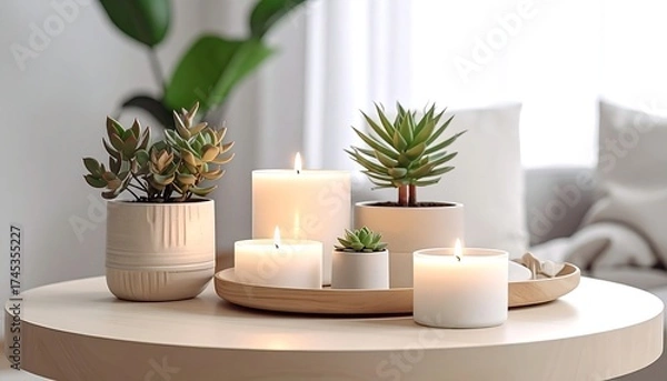 Obraz A collection of candles and succulents arranged on a wooden table