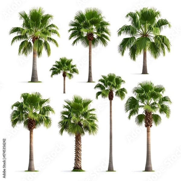 Obraz A collection of diverse palm trees against a clean, white backdrop