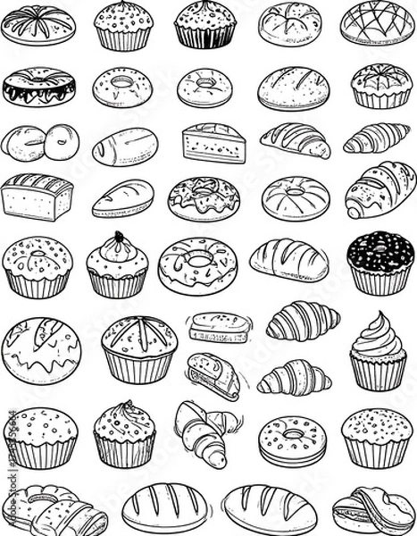 Obraz A collection of hand-drawn baked goods, perfect for a menu design