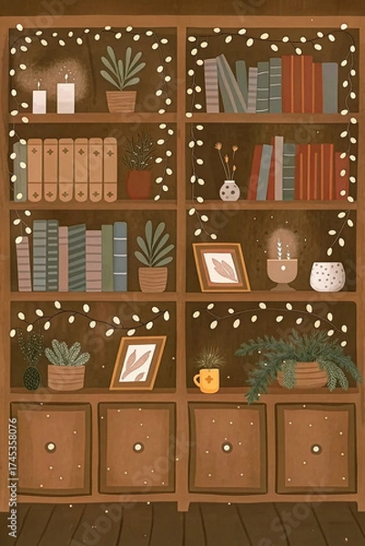 Obraz Cozy Bookshelf with Candles and Plants — Warm Illustration