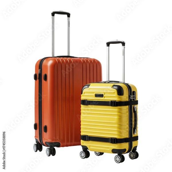 Fototapeta Two suitcases, one orange and one yellow, isolated on transparent background, ready for travel and adventure vacation
