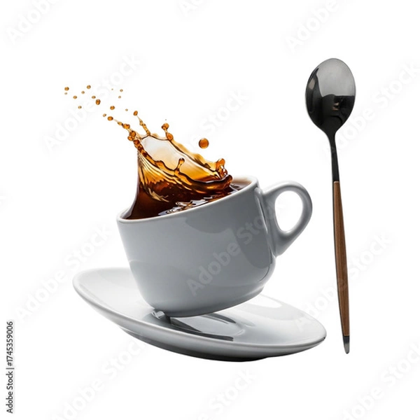 Obraz Coffee cup spilling hot beverage with spoon isolated on transparent background, a moment of chaos and messiness