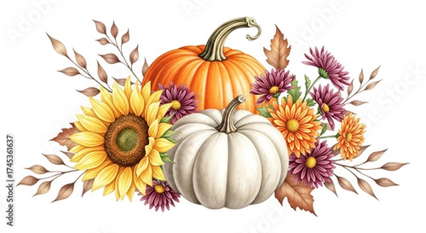 Fototapeta Watercolor autumn composition with pumpkins, sunflower, chrysanthemum, leaves isolated on transparent background