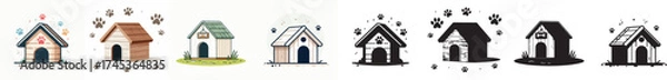 Fototapeta Set of vector and shilhouttes simple dog house images on white background