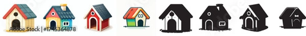 Fototapeta Set of vector and shilhouttes simple dog house images on white background