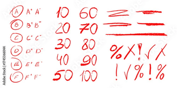 Fototapeta Red crayon mark for paper. Handwritten pencil check icon and sketch circle with exam score percent. School homework grading with good and c word doodle scribble. Brush pen art with letter design.
