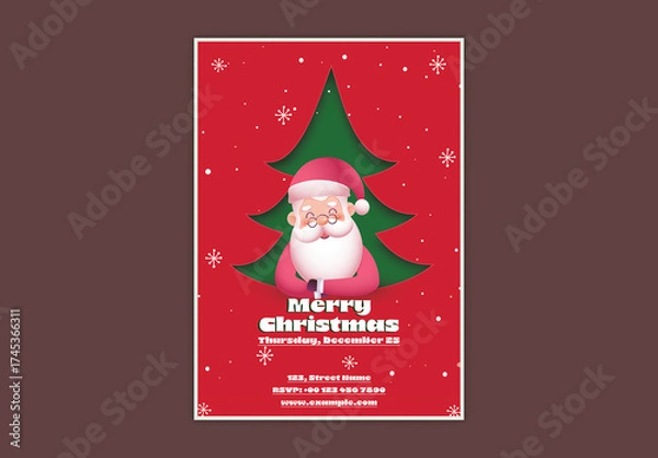 Fototapeta Merry Christmas Party Editable Flyer Template with Cute Santa Claus and Xmas Tree in Red and Green Color Design.