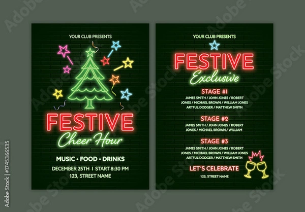 Fototapeta Editable Christmas Party Flyer Template with Neon Lights Text and Double-Side.