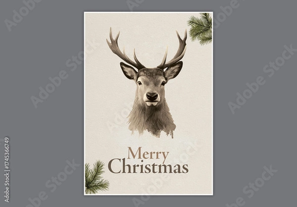 Fototapeta Merry Christmas Greeting Card Template with Reindeer Illustration in Beige Color.