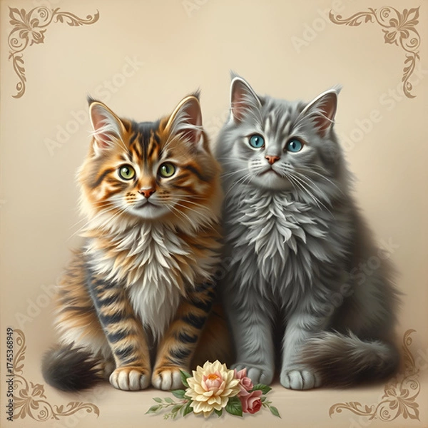 Obraz Two fluffy cats illustration 