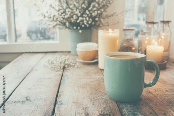 Fototapeta Coffee on a wooden table and a candle. Generative AI