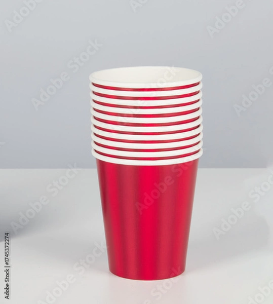 Obraz Stacked red plastic glasses isolated nature background with clipping path