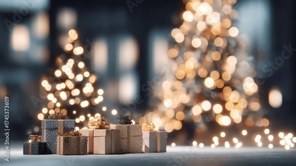 Fototapeta A Christmas tree with a bunch of presents on the ground