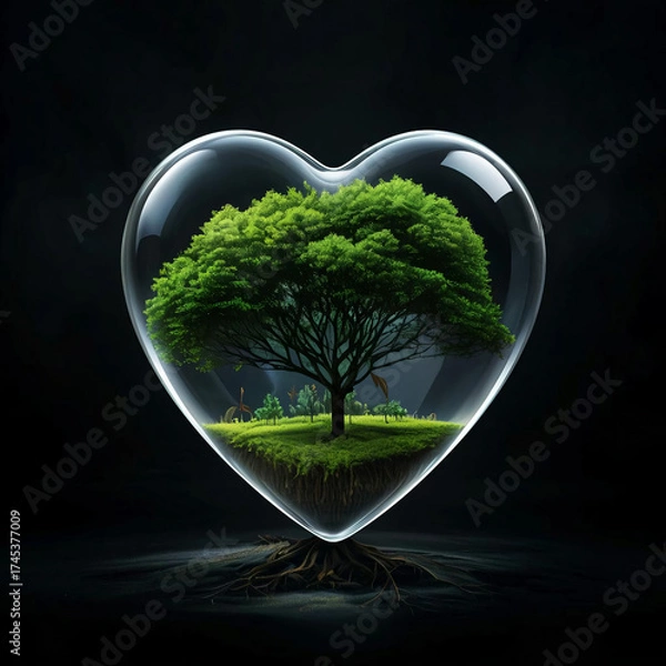 Fototapeta On a black background there is a transparent heart with a green tree inside it.