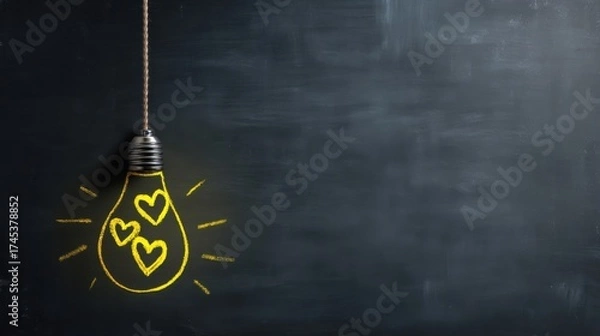 Obraz A glowing light bulb illustration drawn in yellow chalk on a blackboard features interconnected heart-shaped loops symbo