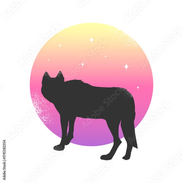 Fototapeta Celestial emblem with wolf silhouette on colorful moon background. Vector illustration