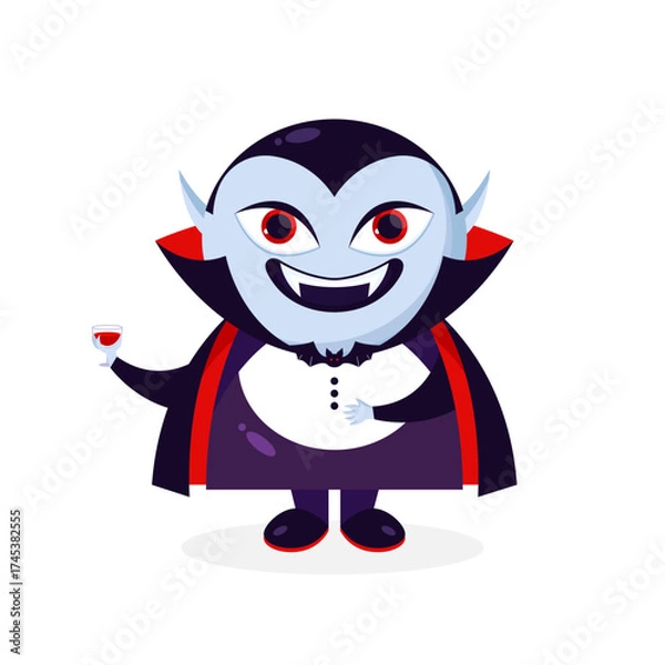 Fototapeta Cartoon Dracula vampire character with a glass of blood. Dracula icon. Vector illustration