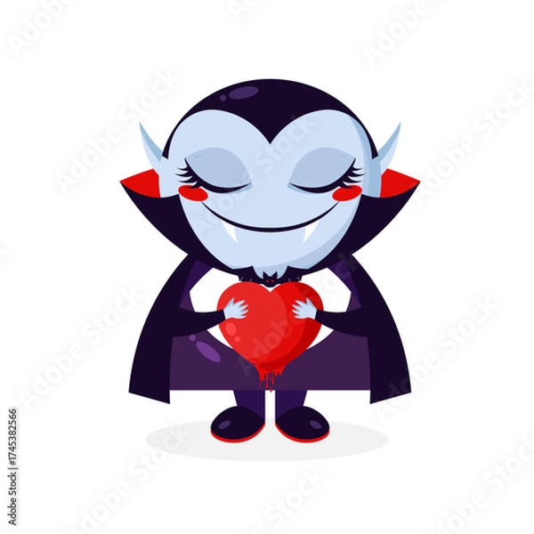Fototapeta Cute cartoon Dracula vampire with a bloody heart. Dracula character in love. Vector illustration