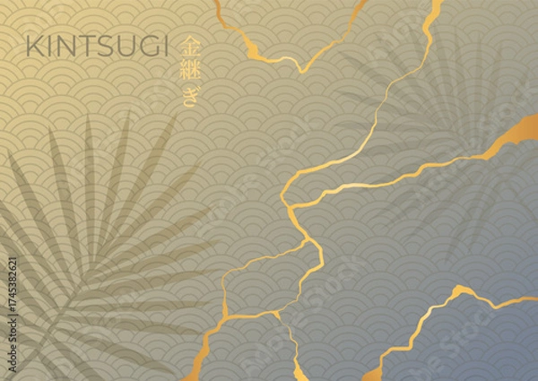 Fototapeta Gold Kintsugi cracks on Asian wave pattern background decorated with plant silhouettes. Luxury elegant background. Vector illustration
