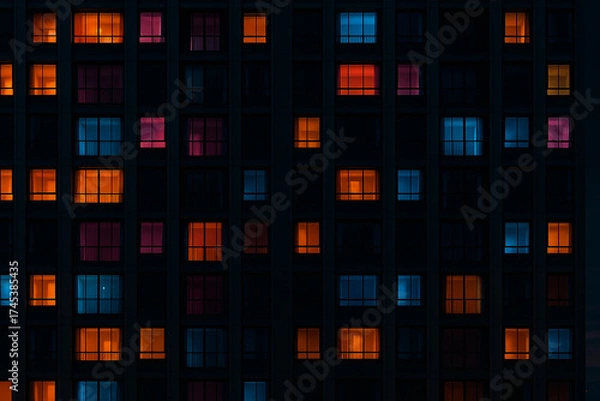 Fototapeta Abstract pattern of illuminated building windows at night creating a geometric grid of glowing squares in warm and cool tones against a dark background