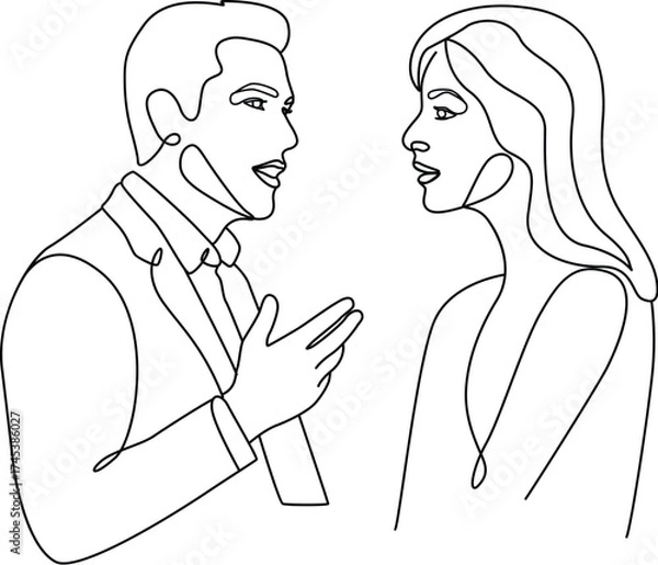 Obraz Modern Minimal Couple Line Art Man and Woman Talking. 