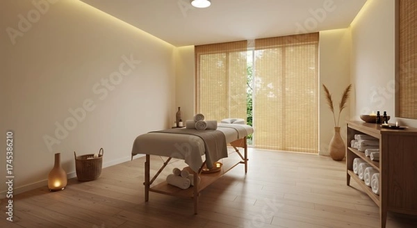 Obraz Relaxing Massage Room with Natural Light Warm Decor and Minimalist Design