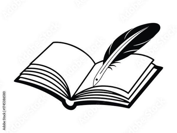 Obraz 3d illustration of open book with a feather pen isolated on white background, symbolizing writing, literature, and education