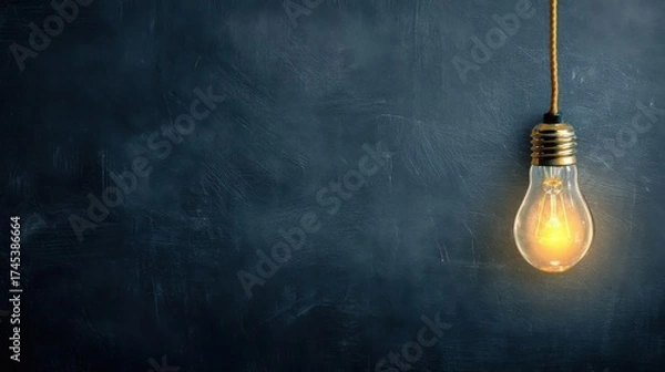 Obraz A single incandescent light bulb hangs from an electrical cord against a dark blue chalkboard background,