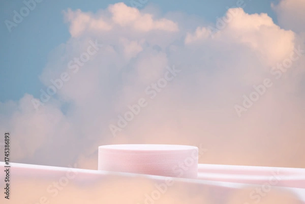 Fototapeta Minimal podium table top in outdoor on blue sky pink cloud background.Beauty cosmetic product placement pedestal modern stand display,surreal paradise dreamy concept.
