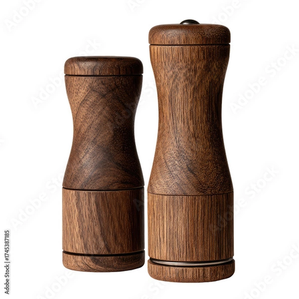 Fototapeta Wooden salt and pepper grinders, set of two,  dark brown, elegant
