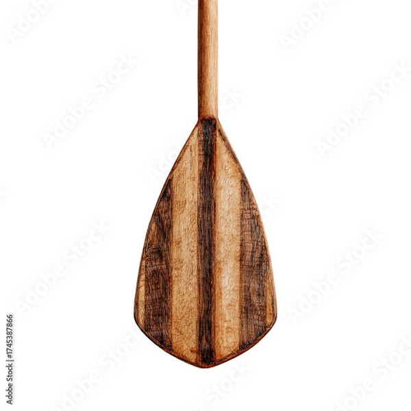 Fototapeta Wooden paddle, back view.  Dark wood,  triangle shaped blade,  two vertical lines