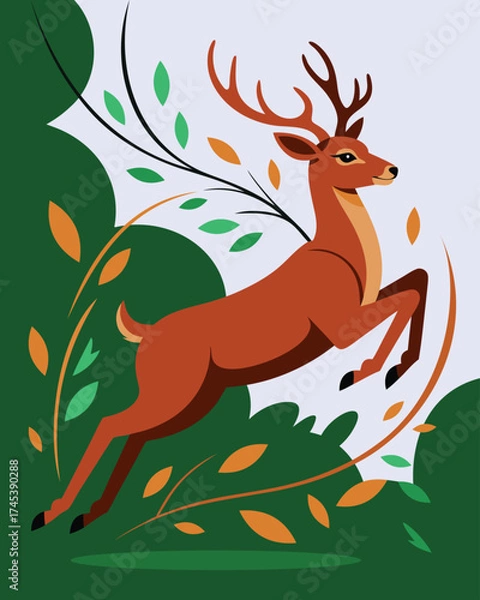 Fototapeta Leaping Deer with Autumn Leaves Vector Illustration.