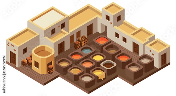 Fototapeta Isometric traditional tannery with colorful dye vats in geometric architecture style