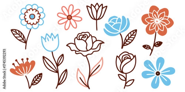 Fototapeta Whimsical hand-drawn flowers in various colors and styles for decorative use