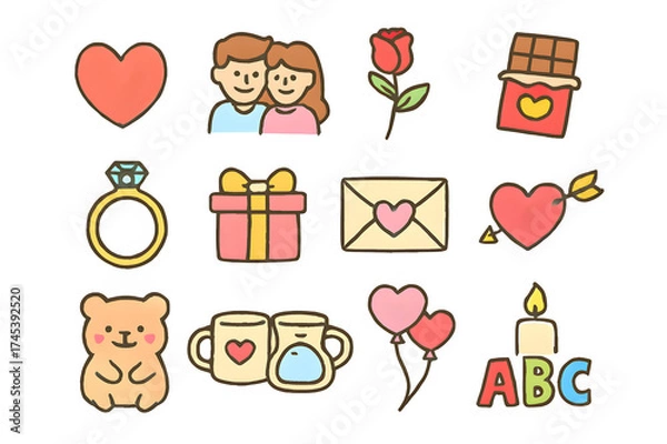 Obraz Collection of valentine s day themed hand drawn icons isolated on transparent background
