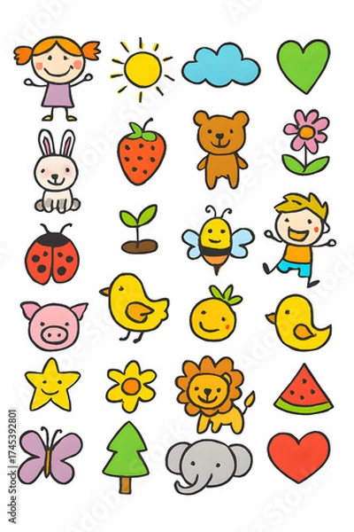 Obraz Collection of cute hand drawn cartoon animals and objects isolated on transparent background