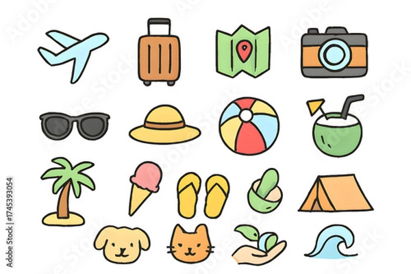 Obraz Collection of travel and vacation icons with a playful hand drawn style isolated on transparent background