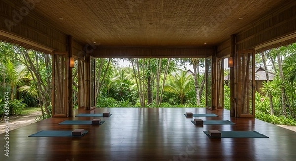 Obraz Serene Yoga Studio Open on Jungle Forest with Wooden Ceiling and Natural Light