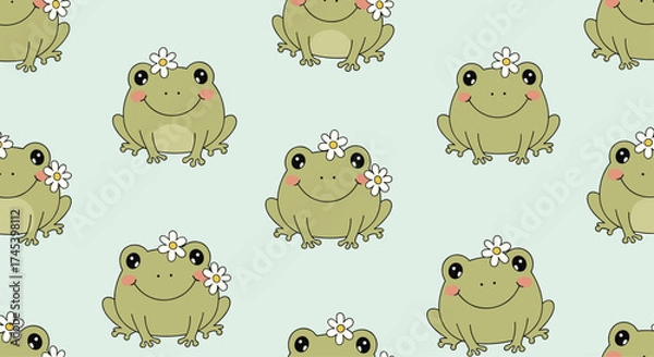 Obraz A cute pattern of smiling frogs with flowers on their heads.