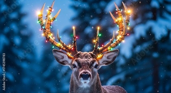 Fototapeta Festive Deer with Glowing Christmas Lights on Antlers in Snowy Forest