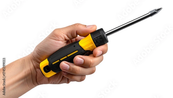 Fototapeta Detailed Close-Up of a Human Hand Firmly Holding a Yellow and Black Screwdriver Tool for Precision Mechanical Work Isolated on Transparent Background